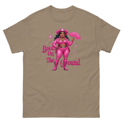 Pink Glam Cowgirl Tee – Boots on the Ground Graphic Shirt #3 Women Tees Style Junction – Custom Digital Designs & Apparel Brown Savana S