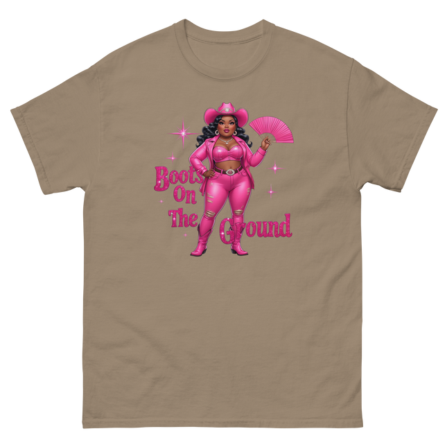 Pink Glam Cowgirl Tee – Boots on the Ground Graphic Shirt #3 Women Tees Style Junction – Custom Digital Designs & Apparel Brown Savana S