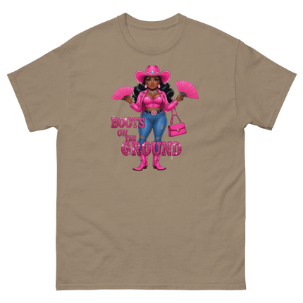 Pink Glam Cowgirl Tee – Boots on the Ground Graphic Shirt #4 Women Tees Style Junction – Custom Digital Designs & Apparel Brown Savana S