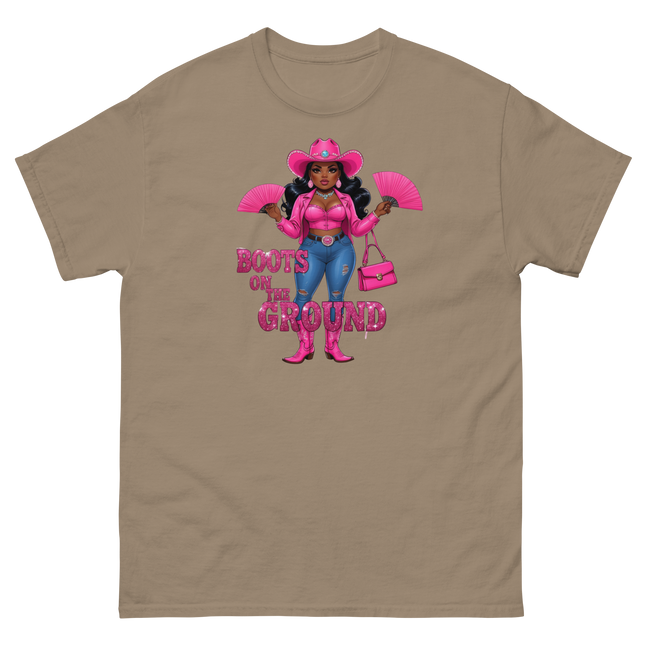 Pink Glam Cowgirl Tee – Boots on the Ground Graphic Shirt #4 Women Tees Style Junction – Custom Digital Designs & Apparel Brown Savana S