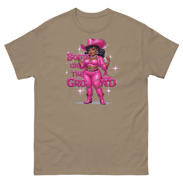 Pink Glam Cowgirl Tee – Boots on the Ground Graphic Shirt #5 Women Tees Style Junction – Custom Digital Designs & Apparel Brown Savana S