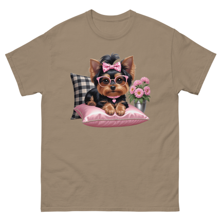 Yorkie Glam Tee – Pink Leopard Print Dog Graphic Shirt #1 Women Tees Style Junction – Custom Digital Designs & Apparel Brown Savana S