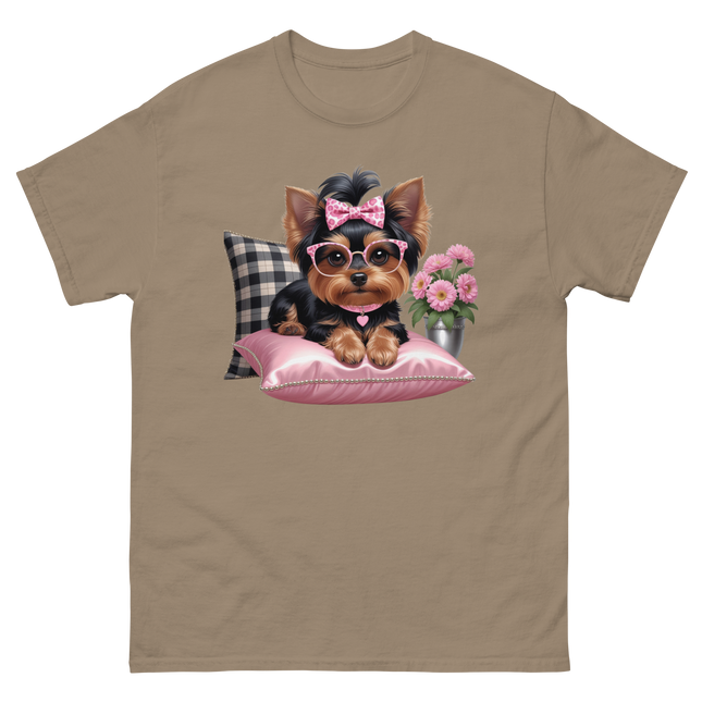 Yorkie Glam Tee – Pink Leopard Print Dog Graphic Shirt #1 Women Tees Style Junction – Custom Digital Designs & Apparel Brown Savana S