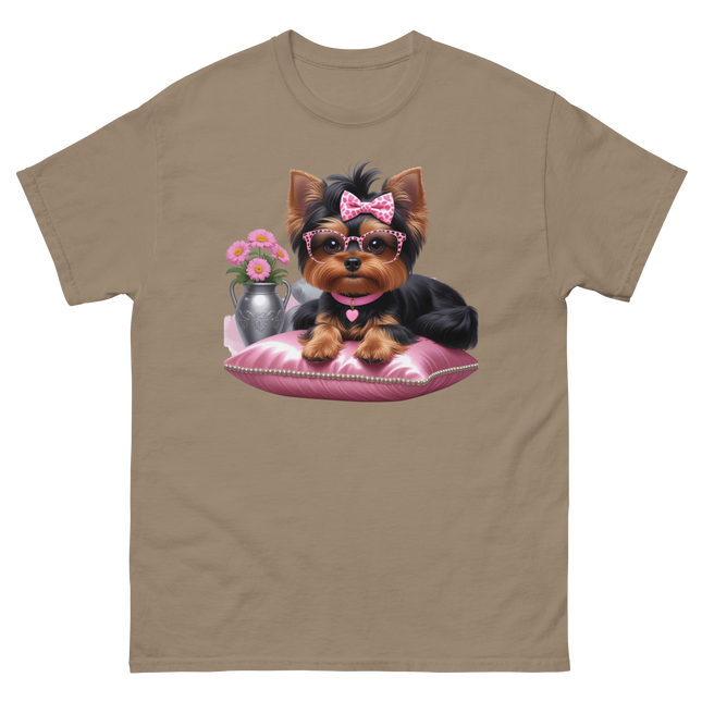 Yorkie Glam Tee – Pink Leopard Print Dog Graphic Shirt #2 Women Tees Style Junction – Custom Digital Designs & Apparel Brown Savana S