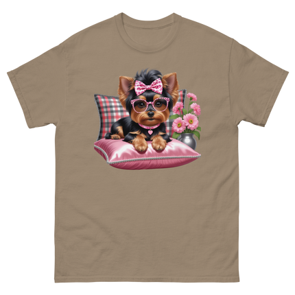 Yorkie Glam Tee – Pink Leopard Print Dog Graphic Shirt #3 Women Tees Style Junction – Custom Digital Designs & Apparel Brown Savana S
