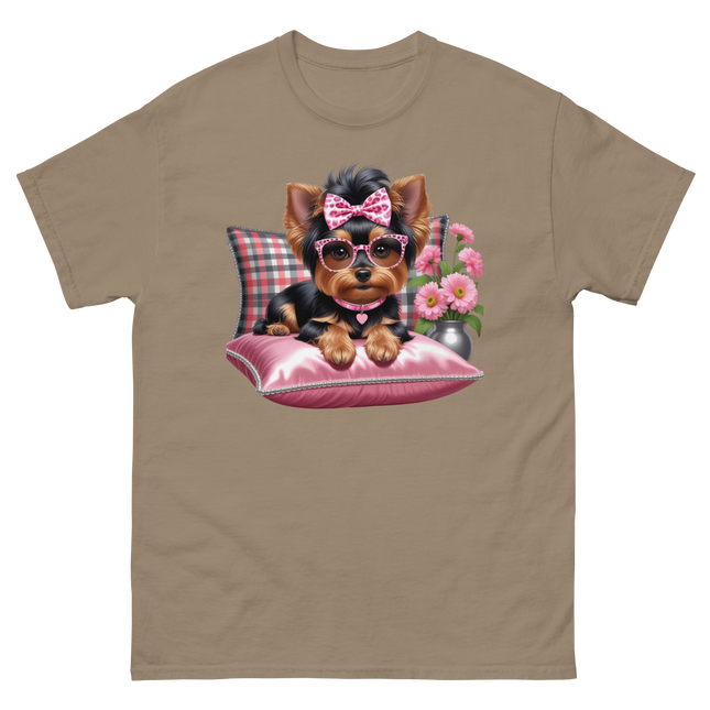 Yorkie Glam Tee – Pink Leopard Print Dog Graphic Shirt #3 Women Tees Style Junction – Custom Digital Designs & Apparel Brown Savana S