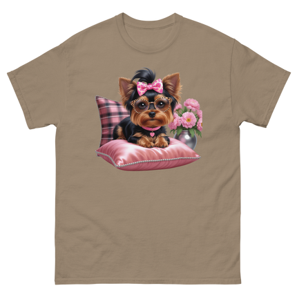 Yorkie Glam Tee – Pink Leopard Print Dog Graphic Shirt #4 Women Tees Style Junction – Custom Digital Designs & Apparel Brown Savana S