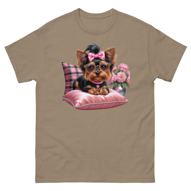 Yorkie Glam Tee – Pink Leopard Print Dog Graphic Shirt #4 Women Tees Style Junction – Custom Digital Designs & Apparel Brown Savana S
