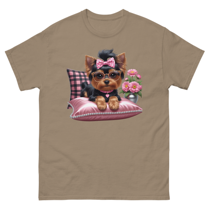 Yorkie Glam Tee – Pink Leopard Print Dog Graphic Shirt #5 Women Tees Style Junction – Custom Digital Designs & Apparel Brown Savana S