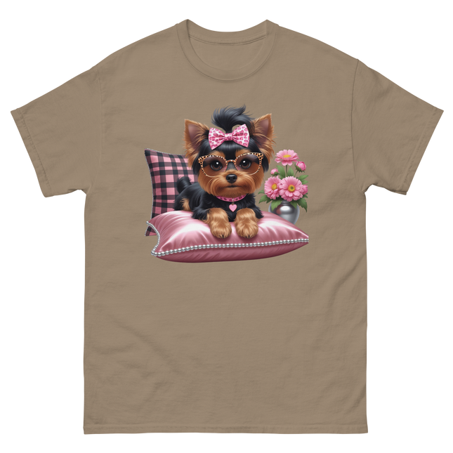 Yorkie Glam Tee – Pink Leopard Print Dog Graphic Shirt #5 Women Tees Style Junction – Custom Digital Designs & Apparel Brown Savana S