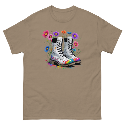Rainbow Combat Boots Tee – Floral Festival Graphic Shirt #1 Women Tees Style Junction – Custom Digital Designs & Apparel Brown Savana S