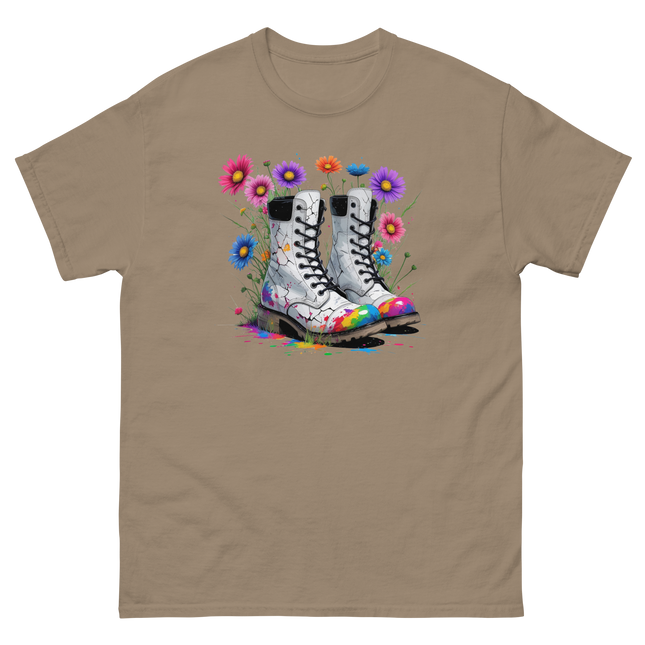 Rainbow Combat Boots Tee – Floral Festival Graphic Shirt #1 Women Tees Style Junction – Custom Digital Designs & Apparel Brown Savana S