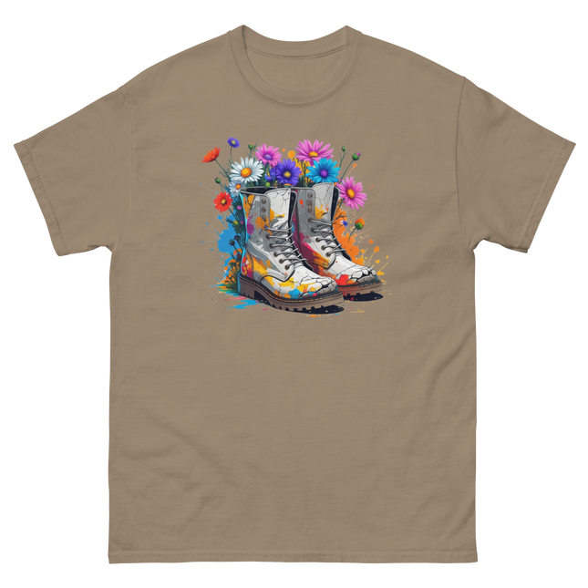 Rainbow Combat Boots Tee – Floral Festival Graphic Shirt #2 Women Tees Style Junction – Custom Digital Designs & Apparel Brown Savana S