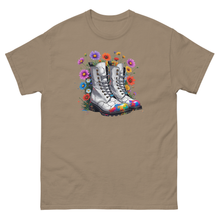 Rainbow Combat Boots Tee – Floral Festival Graphic Shirt #3 Women Tees Style Junction – Custom Digital Designs & Apparel Brown Savana S