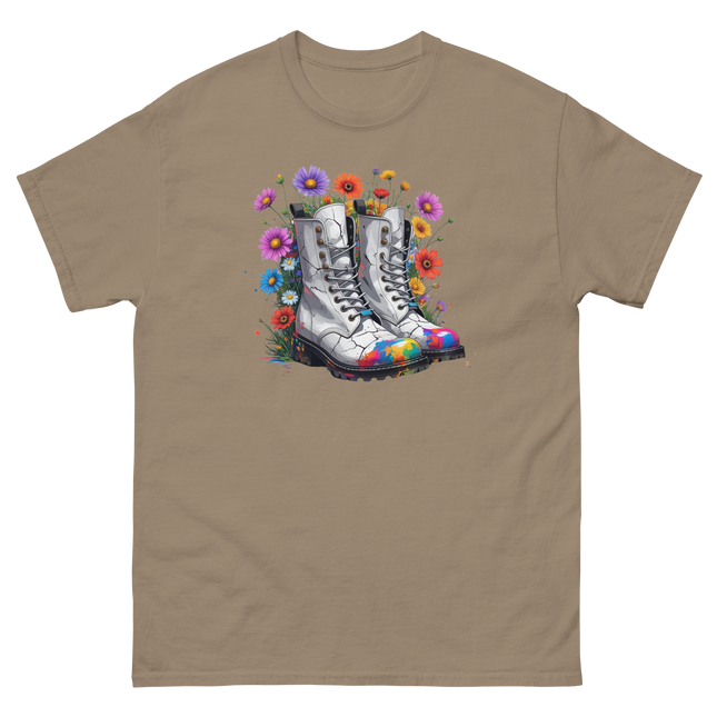 Rainbow Combat Boots Tee – Floral Festival Graphic Shirt #3 Women Tees Style Junction – Custom Digital Designs & Apparel Brown Savana S