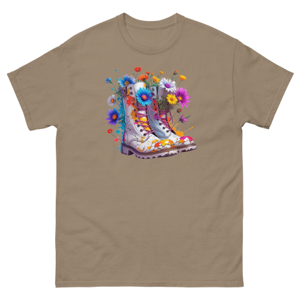 Rainbow Combat Boots Tee – Floral Festival Graphic Shirt #4 Women Tees Style Junction – Custom Digital Designs & Apparel Brown Savana S