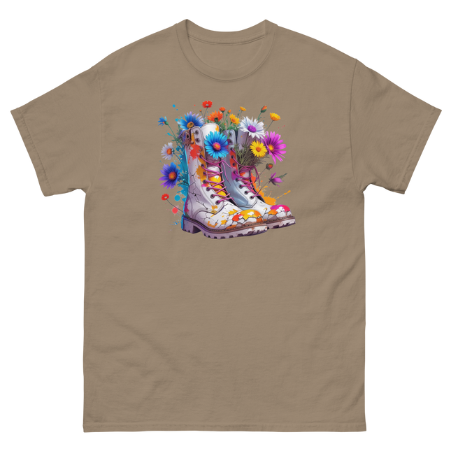 Rainbow Combat Boots Tee – Floral Festival Graphic Shirt #4 Women Tees Style Junction – Custom Digital Designs & Apparel Brown Savana S