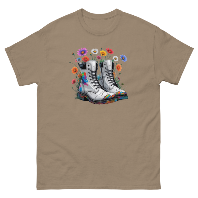 Rainbow Combat Boots Tee – Floral Festival Graphic Shirt #5 Women Tees Style Junction – Custom Digital Designs & Apparel Brown Savana S