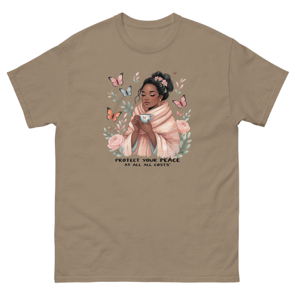 Protect Your Peace Tee – Floral Afro Soft Aesthetic Design #2 Women Tees Style Junction – Custom Digital Designs & Apparel Brown Savana S