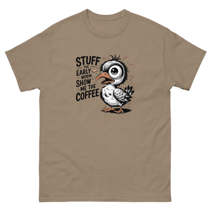 Stuff the Early Worm Coffee Bird Tee – Funny Graphic Shirt Women Tees Style Junction – Custom Digital Designs & Apparel Brown Savana S