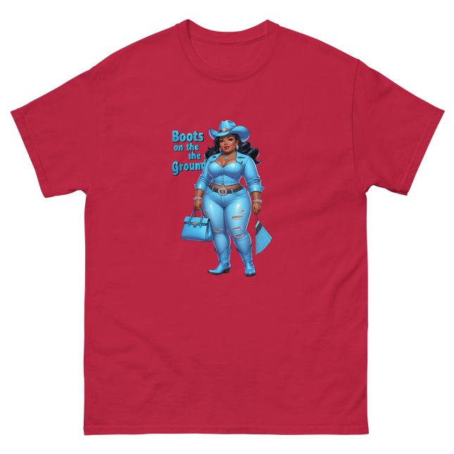 Boots on the Ground Tee – Light Blue Curvy Cowgirl Graphic #3 Women Tees Style Junction – Custom Digital Designs & Apparel Cardinal S