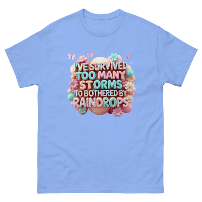 I’ve Survived Too Many Storms T-Shirt – Bold Motivational Quote Women Tees Style Junction – Custom Digital Designs Carolina Blue S