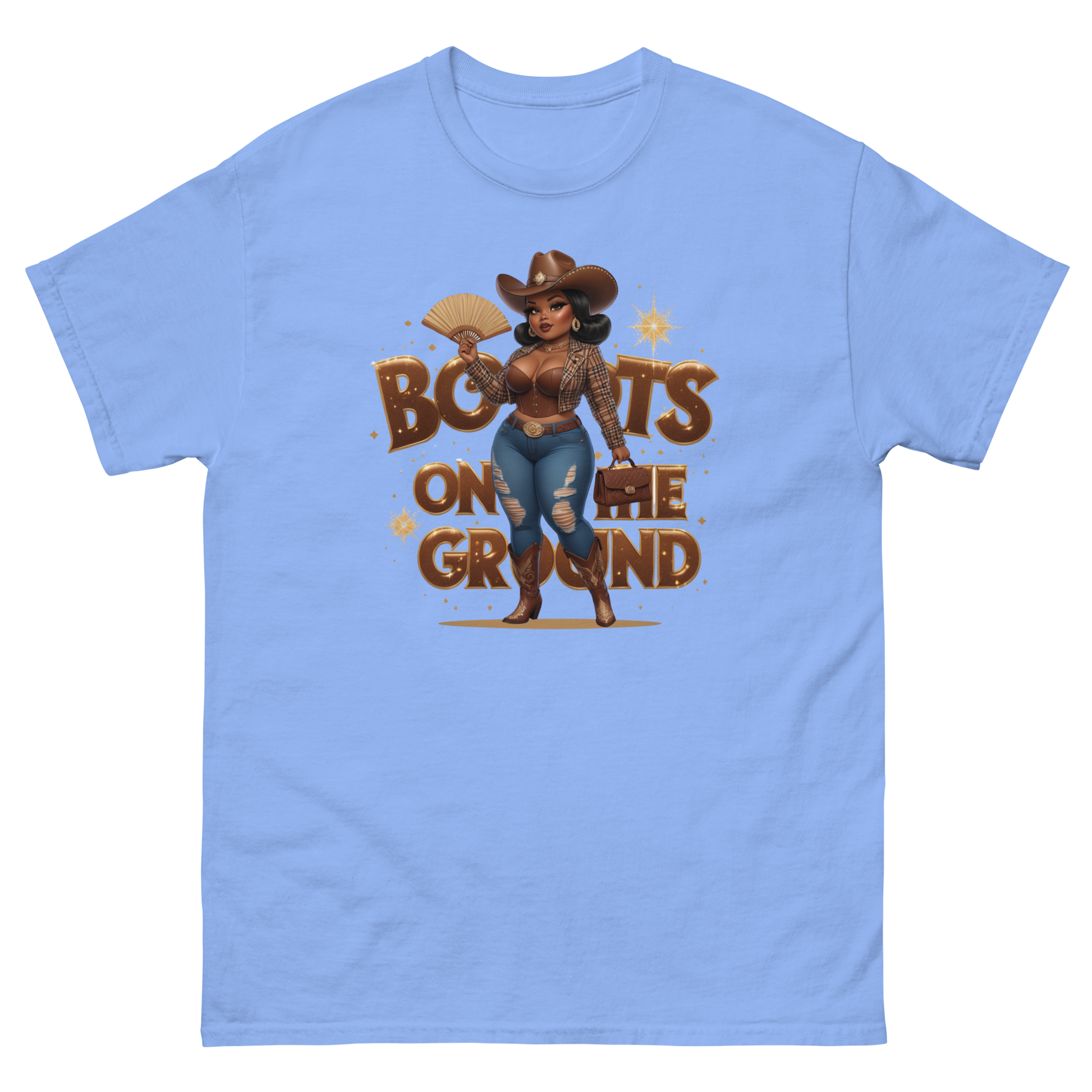 Boots on the Ground Curvy Cowgirl T-Shirt – Bold Western Style Women Tees Style Junction – Custom Digital Designs & Apparel Carolina Blue S