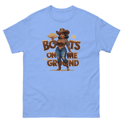Boots on the Ground Curvy Cowgirl T-Shirt – Bold Western Style Women Tees Style Junction – Custom Digital Designs & Apparel Carolina Blue S