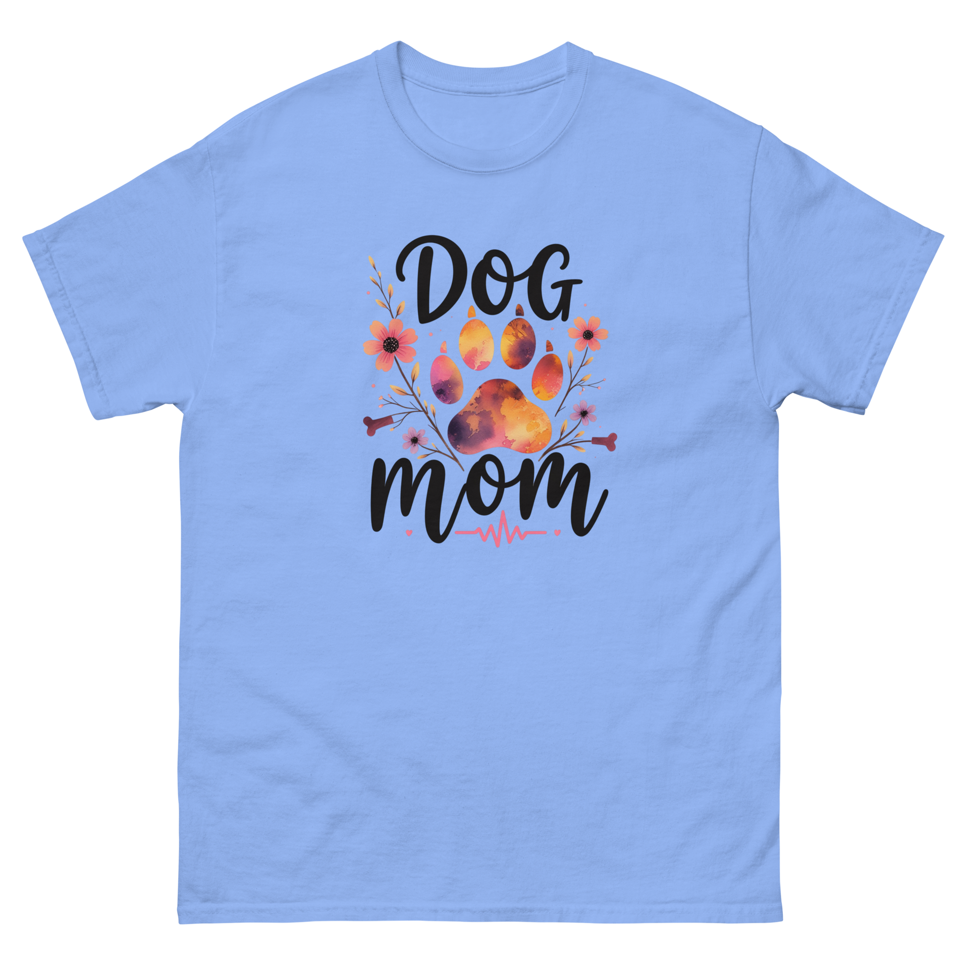 Dog Mom Sunset Floral T-Shirt – Heartbeat Paw Print Design Women Tees Style Junction – Custom Digital Designs & Apparel Carolina Blue S