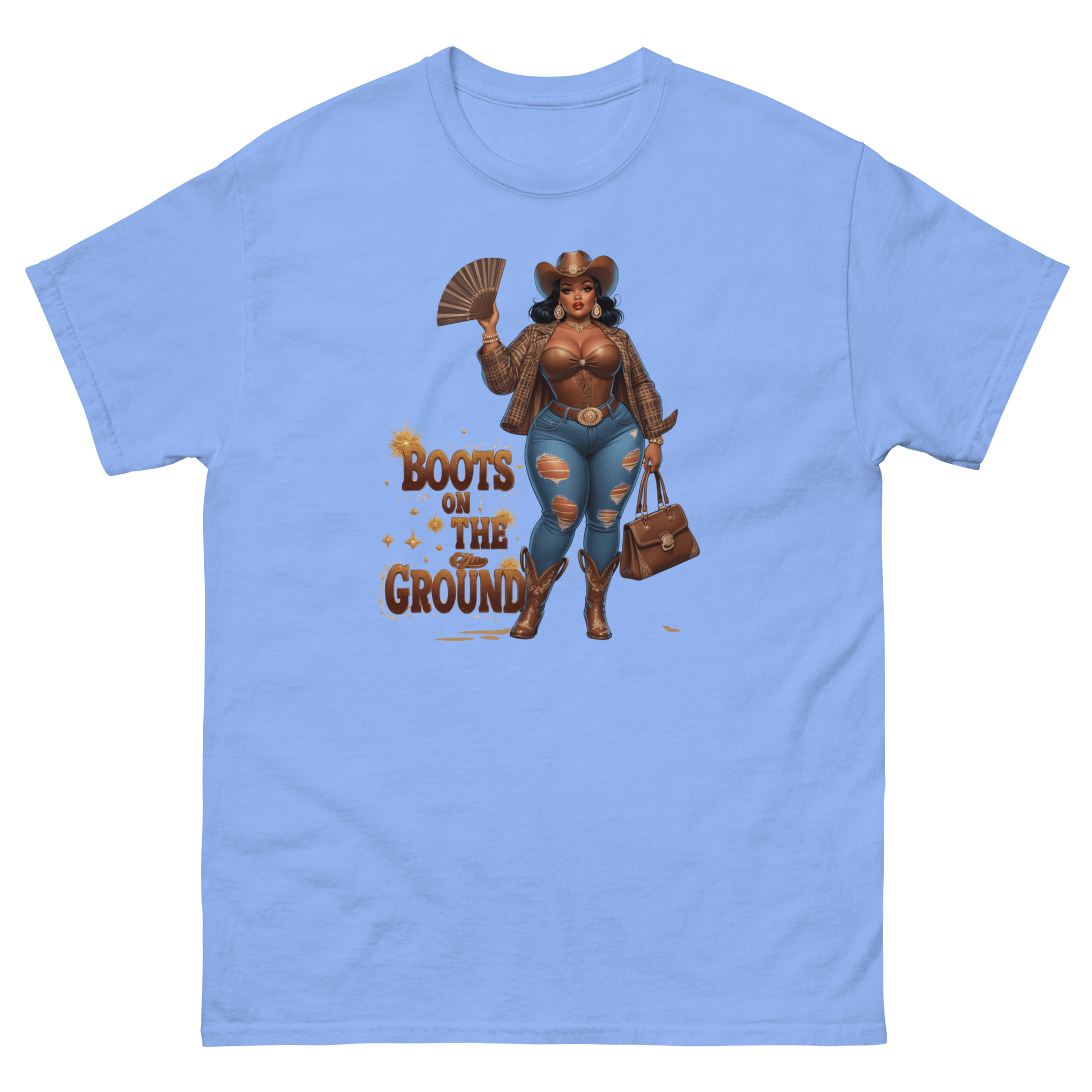 Boots on the Ground Curvy Cowgirl #2 Tee – Bold Western Style Women Tees Style Junction – Custom Digital Designs & Apparel Carolina Blue S