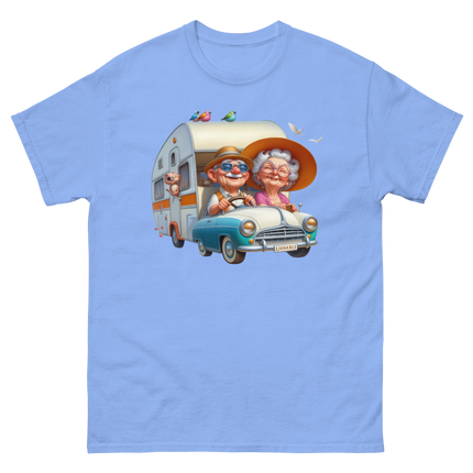 Vintage RV Adventure Tee – Retro Road Trip Camper Graphic Women Tees Style Junction – Custom Digital Designs & Apparel Carolina Blue S