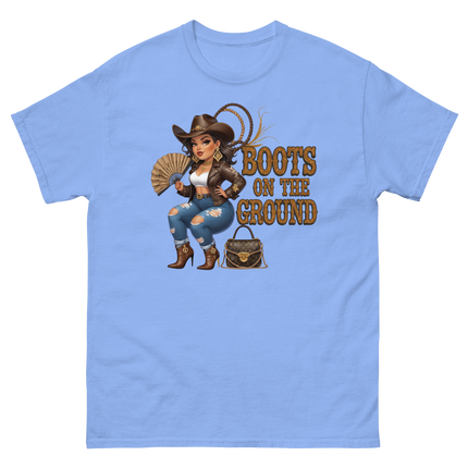 Curvy Cowgirl Tee – “Boots on the Ground” Western Rodeo Graphic Women Tees Style Junction – Custom Digital Designs & Apparel Carolina Blue S