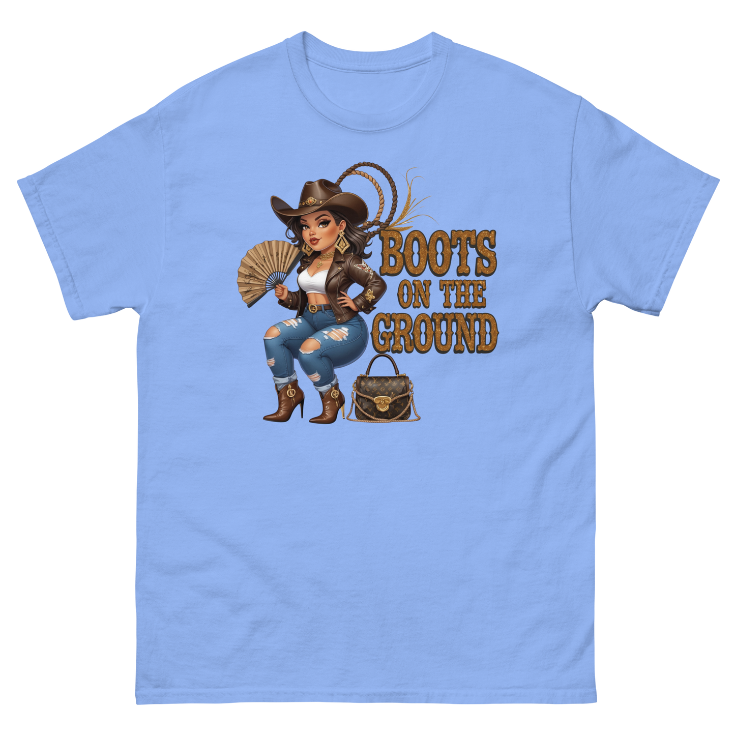 Curvy Cowgirl Tee – “Boots on the Ground” Western Rodeo Graphic Women Tees Style Junction – Custom Digital Designs & Apparel Carolina Blue S