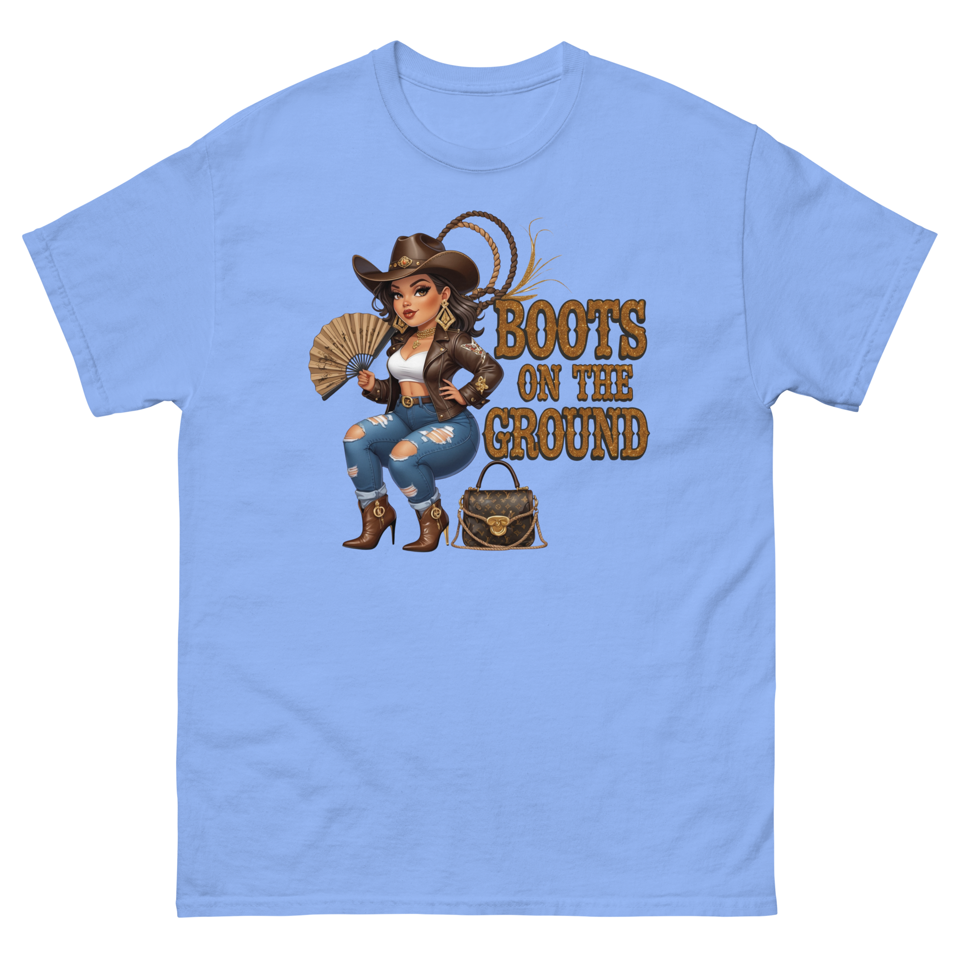 Curvy Cowgirl Tee – “Boots on the Ground” Western Rodeo Graphic Women Tees Style Junction – Custom Digital Designs & Apparel Carolina Blue S