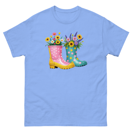 Floral Rain Boots Tee – Colorful Spring Garden Design Women Tees Style Junction – Custom Digital Designs & Apparel Carolina Blue S