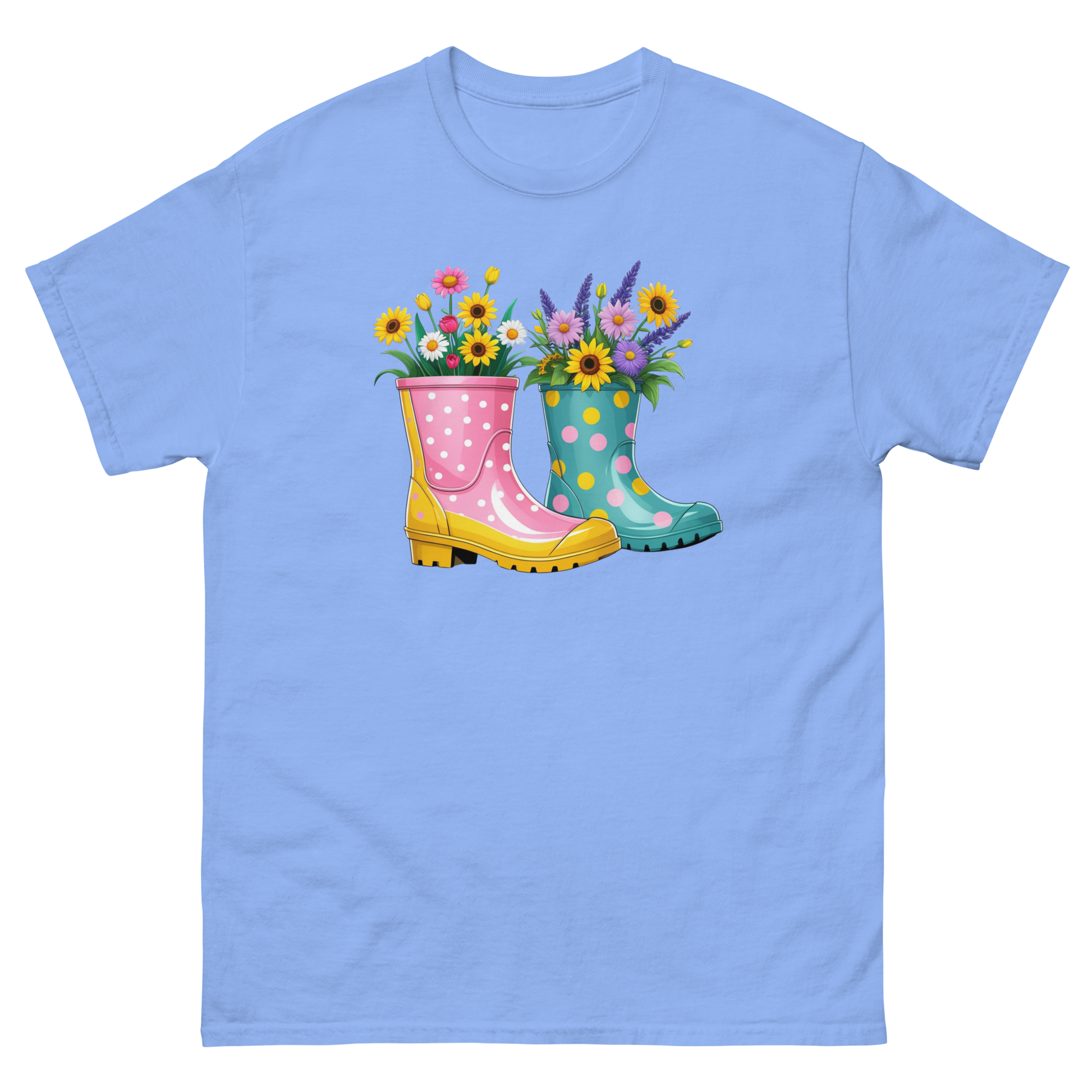 Floral Rain Boots Tee – Colorful Spring Garden PNG Design Women Tees Style Junction – Custom Digital Designs & Apparel Carolina Blue S