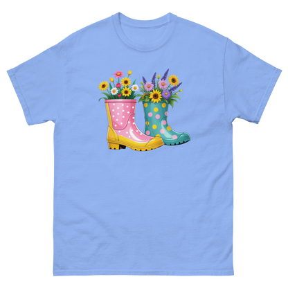 Floral Rain Boots Tee – Colorful Spring Garden PNG Design Women Tees Style Junction – Custom Digital Designs & Apparel Carolina Blue S
