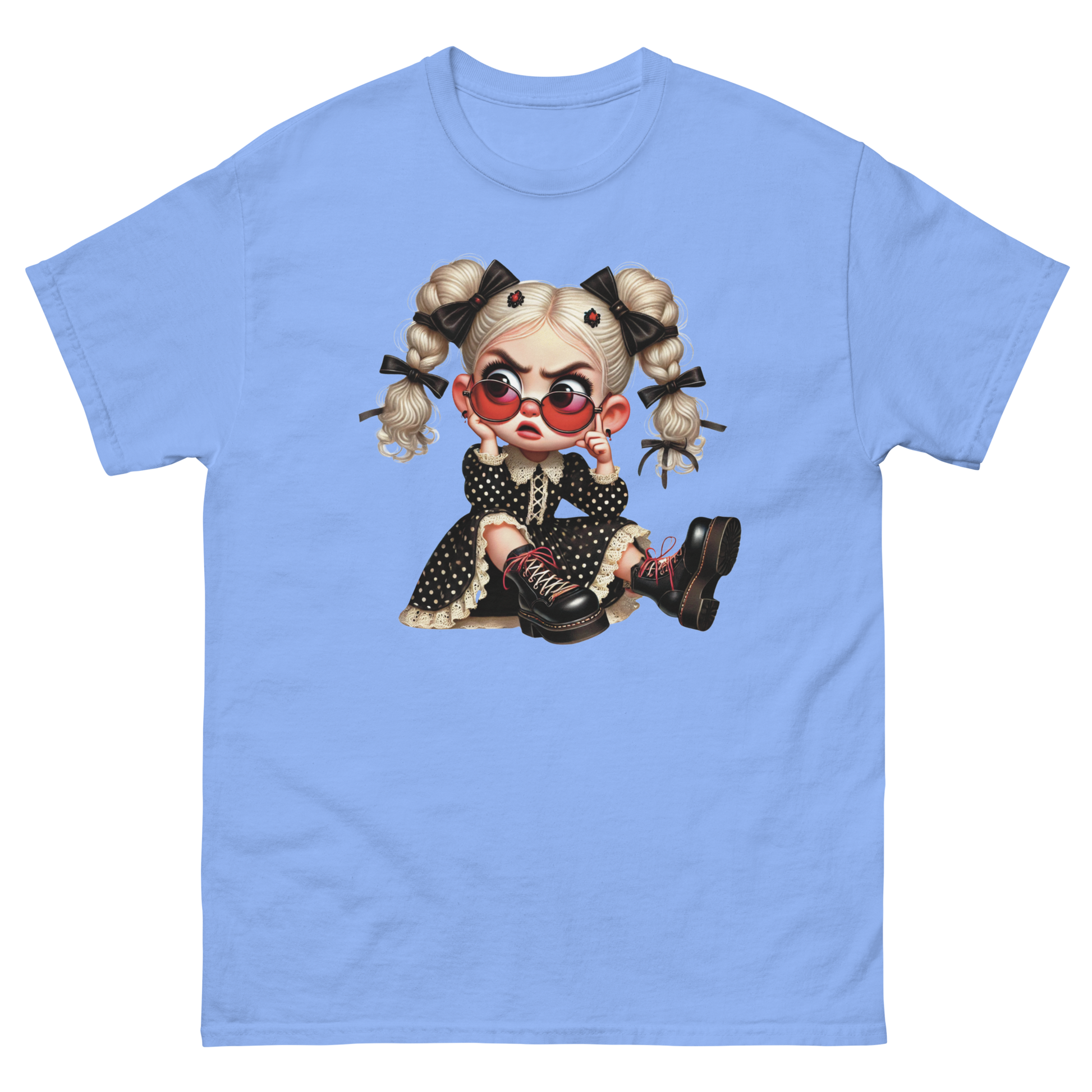 Sassy Blonde Pigtail Tee – Grumpy Doll in Polka Dot Dress Women Tees Style Junction – Custom Digital Designs & Apparel Carolina Blue S