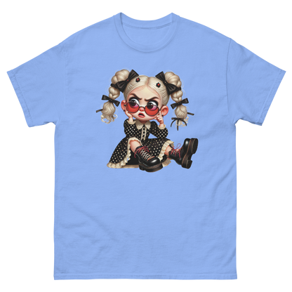 Sassy Blonde Pigtail Tee – Grumpy Doll in Polka Dot Dress Women Tees Style Junction – Custom Digital Designs & Apparel Carolina Blue S