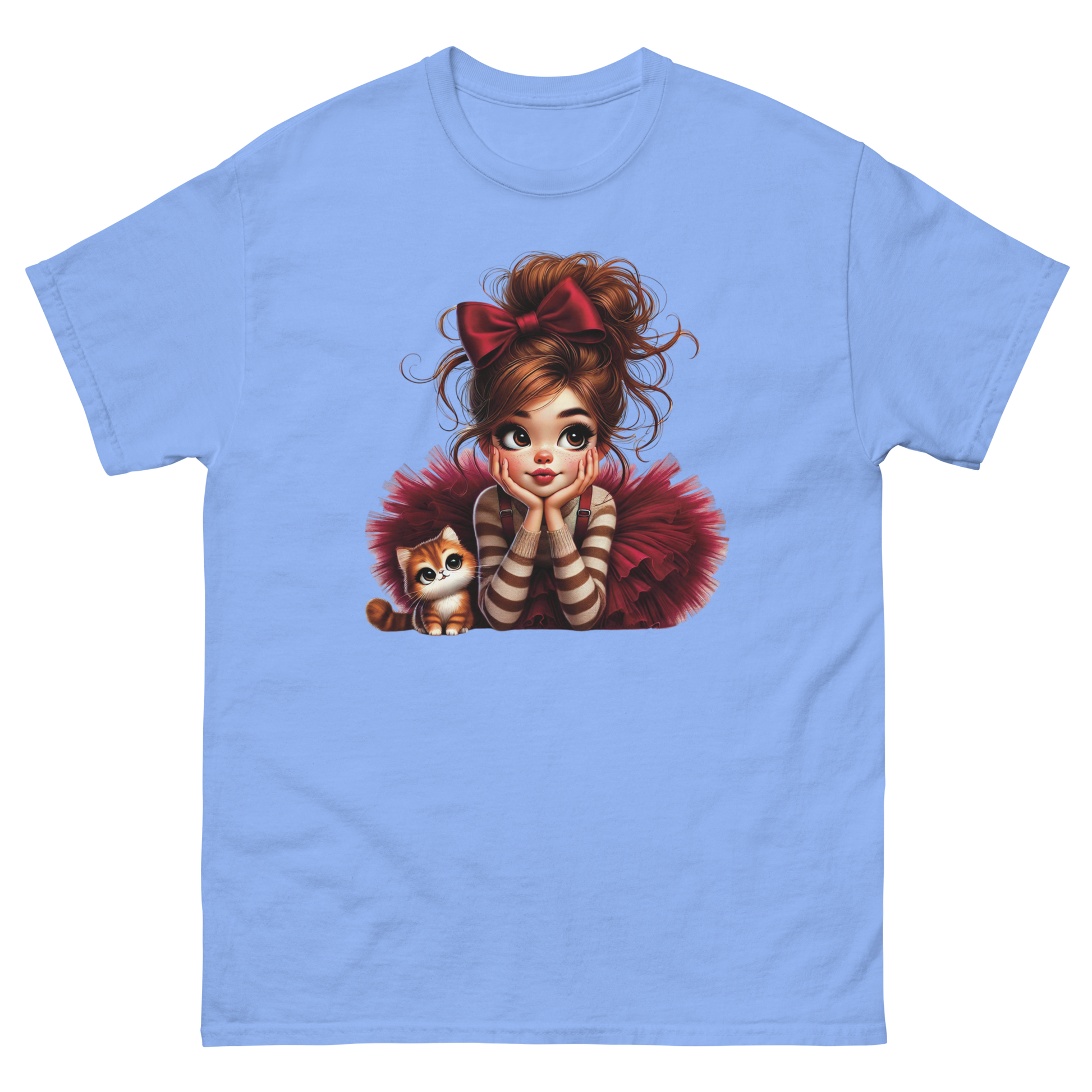 Cute Girl & Cat Tee – Red Tulle Skirt, Big Bow, Whimsical Style Women Tees Style Junction – Custom Digital Designs & Apparel Carolina Blue S