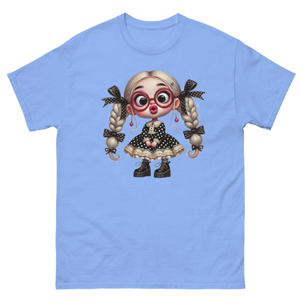 Polka Dot Girl Tee – Vintage Doll Style with Blonde Pigtails Women Tees Style Junction – Custom Digital Designs & Apparel Carolina Blue S