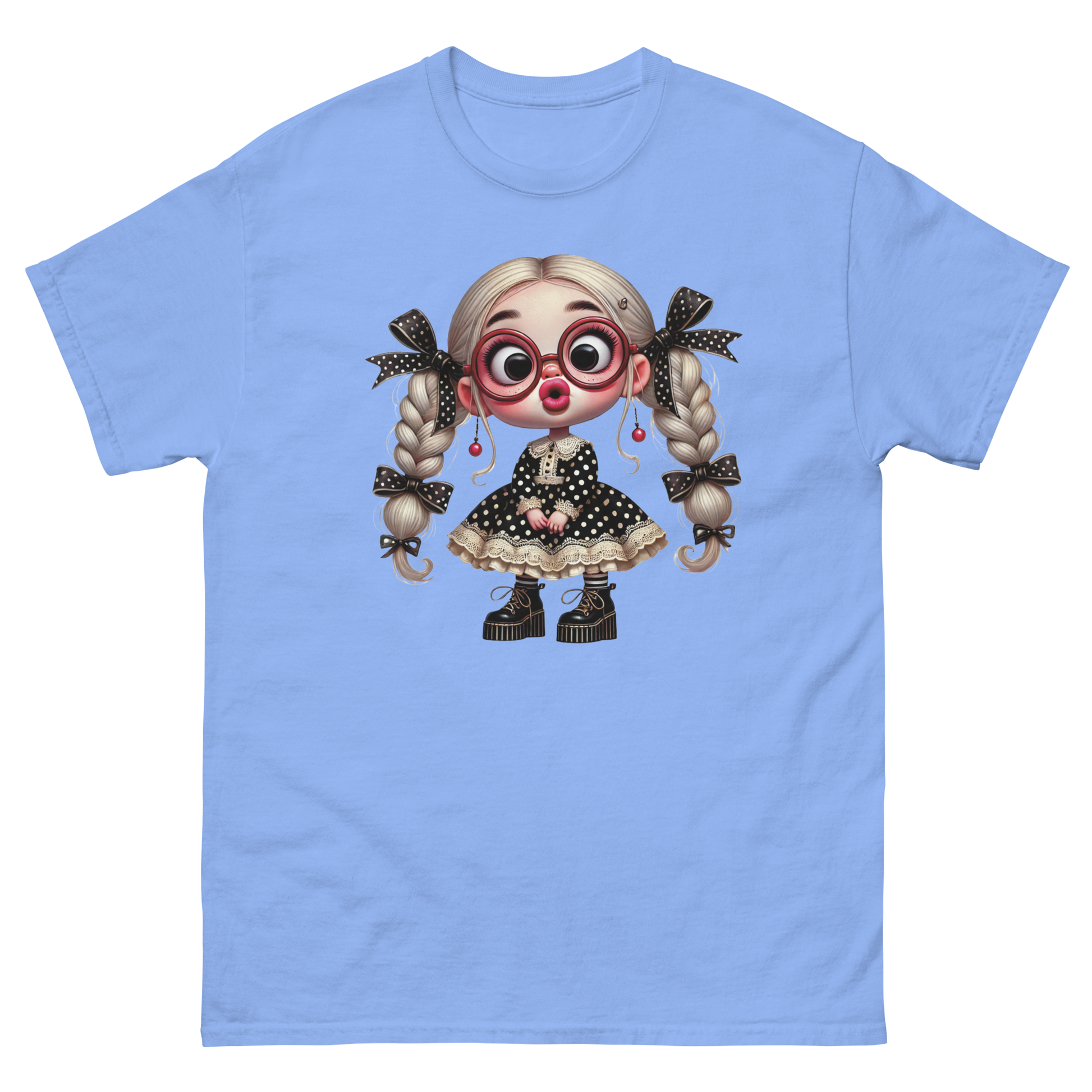 Polka Dot Girl Tee – Vintage Doll Style with Blonde Pigtails Women Tees Style Junction – Custom Digital Designs & Apparel Carolina Blue S