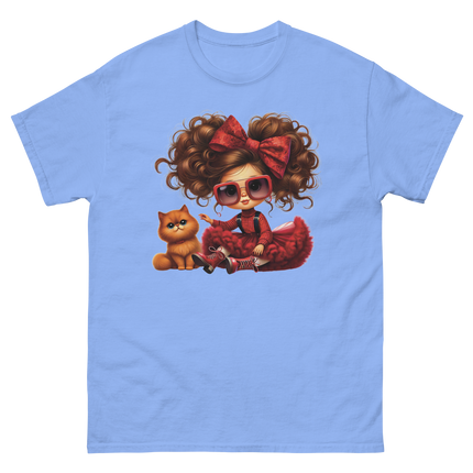 Curly Hair Girl & Cat Tee – Red Skirt & Bow Doll Style Graphic Women Tees Style Junction – Custom Digital Designs & Apparel Carolina Blue S