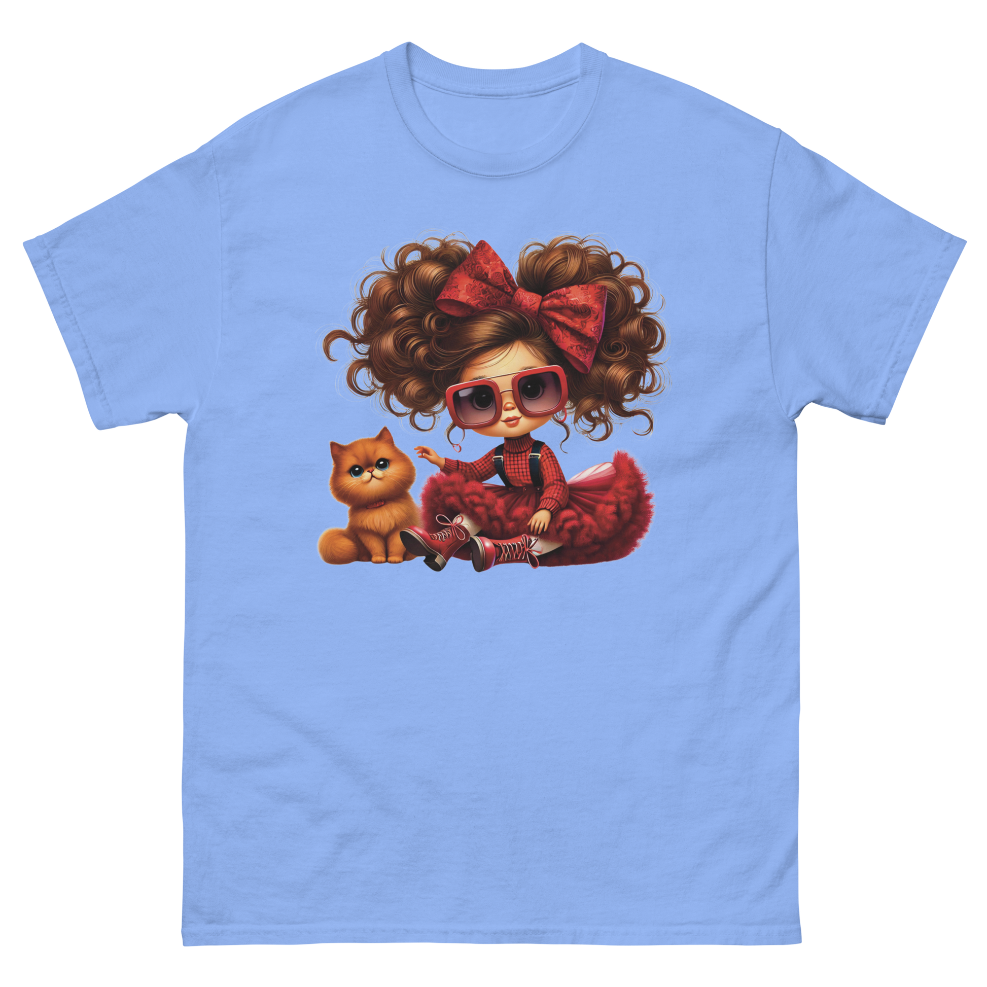 Curly Hair Girl & Cat Tee – Red Skirt & Bow Doll Style Graphic Women Tees Style Junction – Custom Digital Designs & Apparel Carolina Blue S