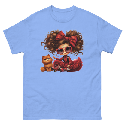 Curly Hair Girl & Cat Tee – Red Skirt & Bow Doll Style Graphic Women Tees Style Junction – Custom Digital Designs & Apparel Carolina Blue S