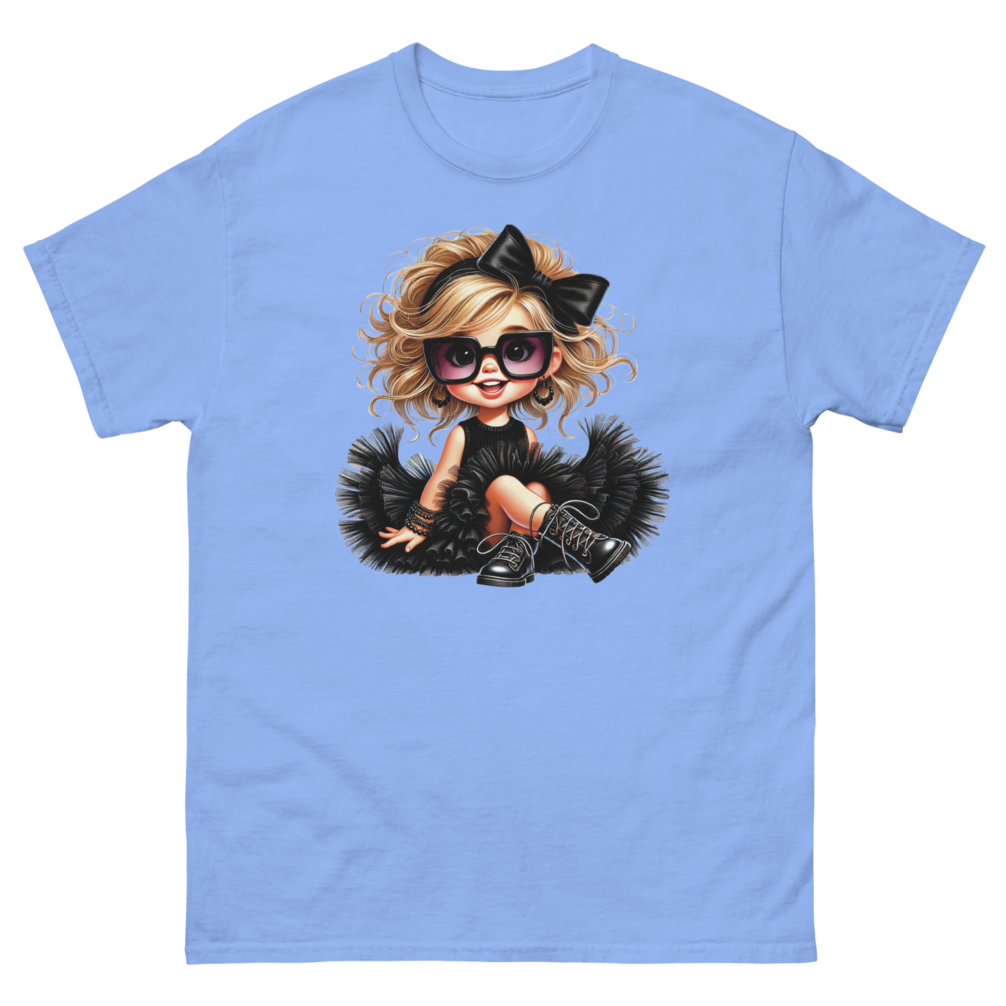 Blonde Curly Girl Tee – Tulle Skirt & Sunglasses Streetwear Women Tees Style Junction – Custom Digital Designs & Apparel Carolina Blue S