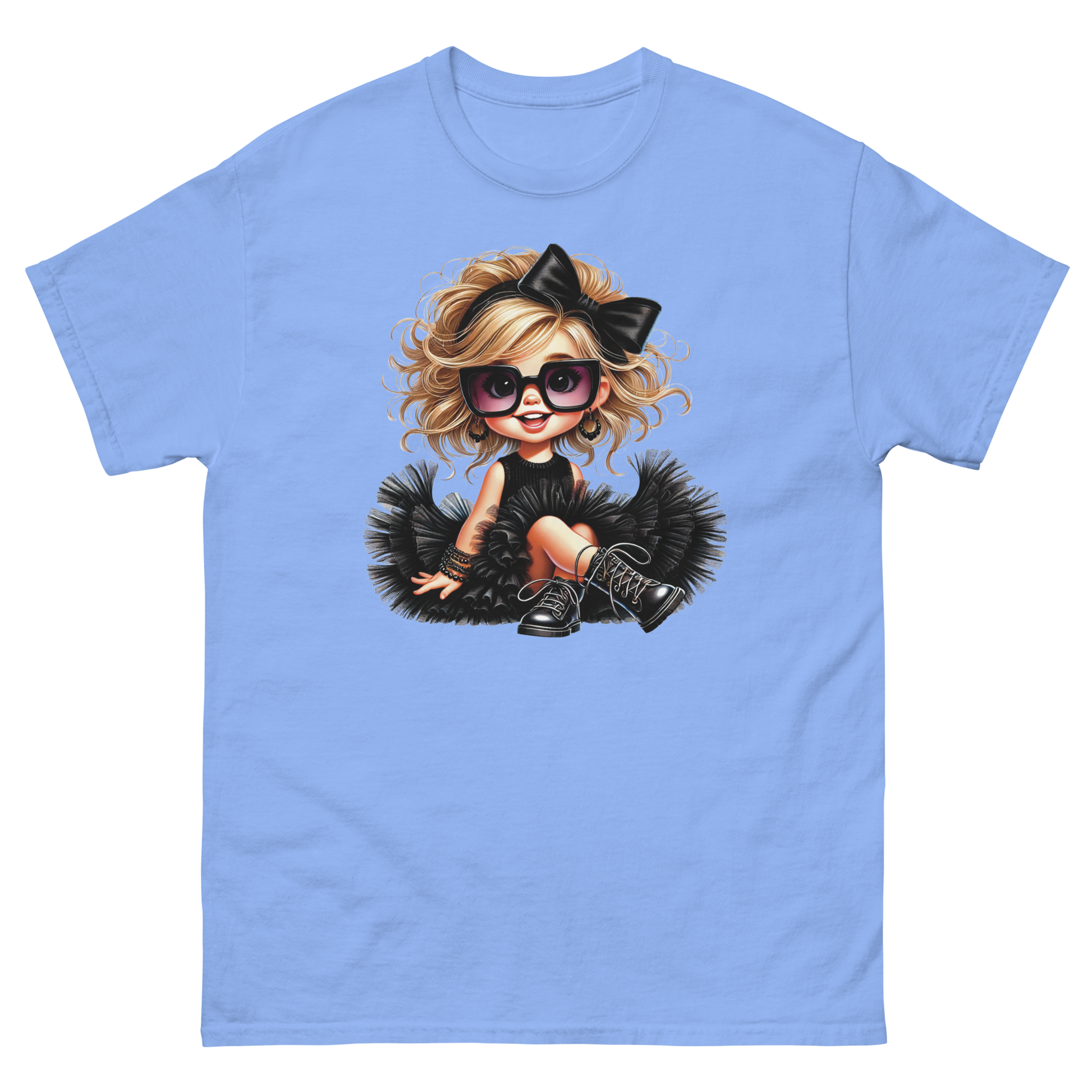Blonde Curly Girl Tee – Tulle Skirt & Sunglasses Streetwear Women Tees Style Junction – Custom Digital Designs & Apparel Carolina Blue S