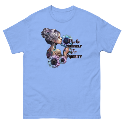 Make Yourself Priority Tee – Tattooed Floral Woman Graphic Women Tees Style Junction – Custom Digital Designs & Apparel Carolina Blue S