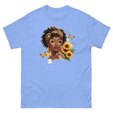 Afro Chic Sunflower Tee – Leopard Wrap & Butterfly Graphic Women Tees Style Junction – Custom Digital Designs & Apparel Carolina Blue S