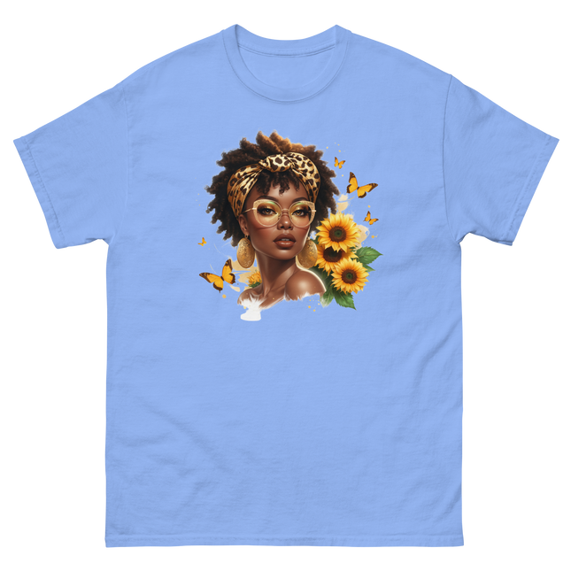 Afro Chic Sunflower Tee – Leopard Wrap & Butterfly Graphic Women Tees Style Junction – Custom Digital Designs & Apparel Carolina Blue S